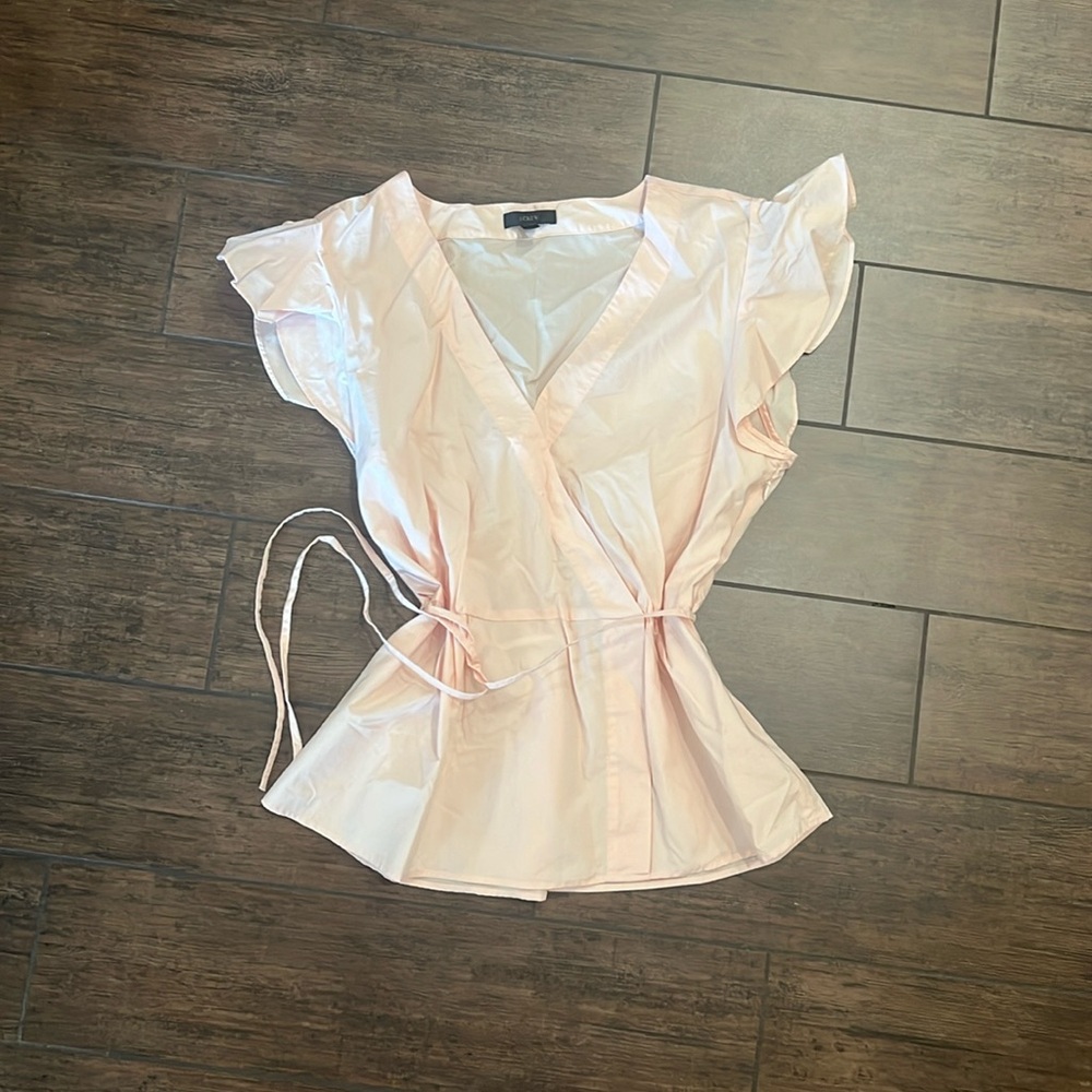 J. Crew Light Pink Wrap Blouse with Ruffle Sleeves